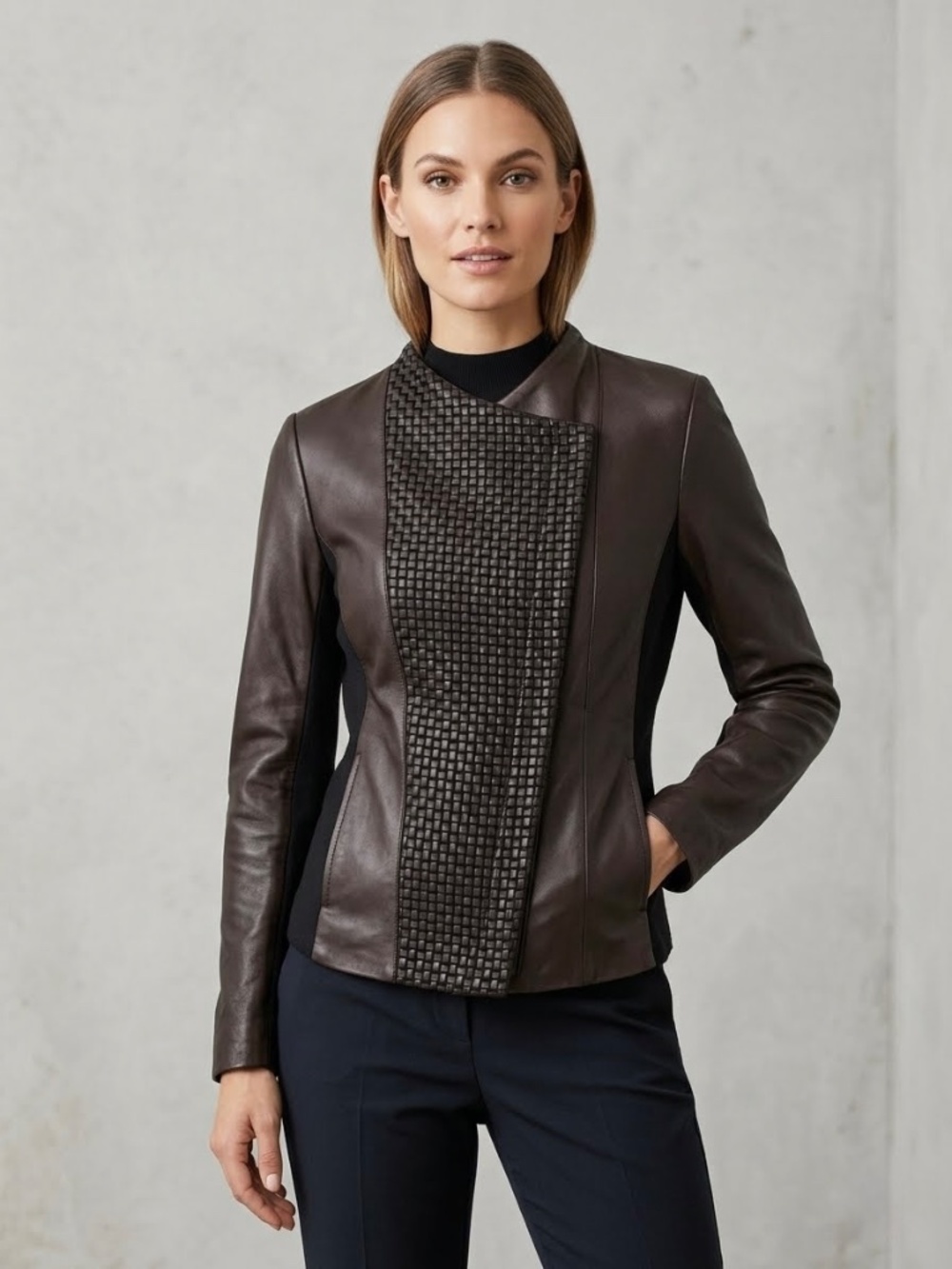 Elie Tahari basket weave Black Leather Jacket size small fully lined